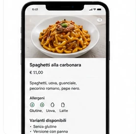 Scheda di un piatto con foto, prezzo, allergeni e varianti